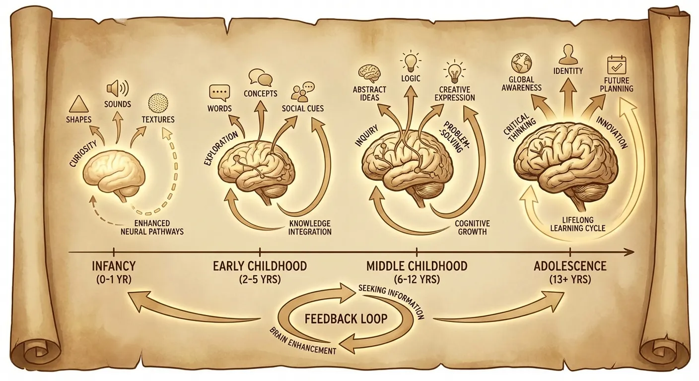 Conceptual illustration of curiosity feedback loop showing infant brain development over time
