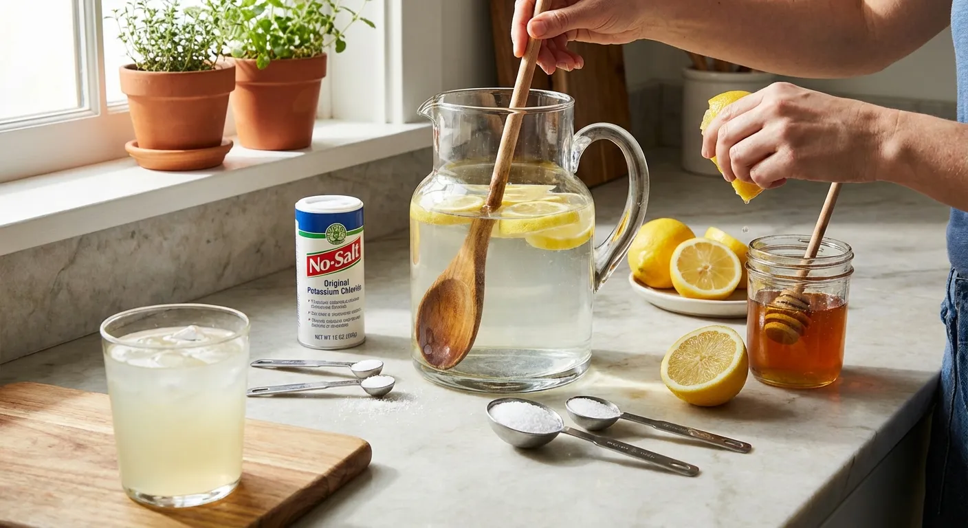 Homemade electrolyte drink ingredients including sea salt, lemon, and honey next to finished drink
