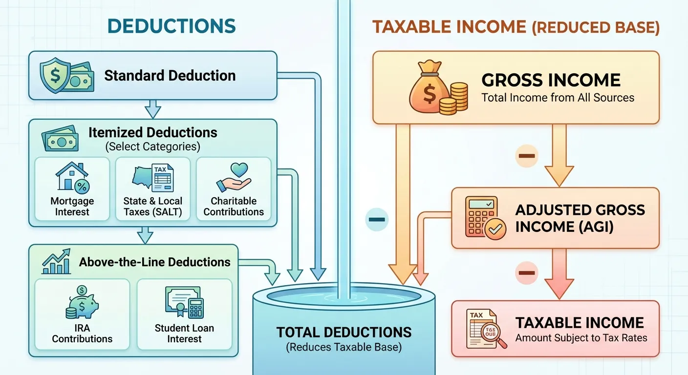 Visual comparison showing how deductions and credits reduce taxes differently