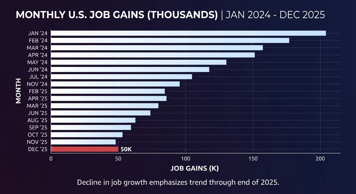 Chart showing monthly job gains declining from 2024 to December 2025