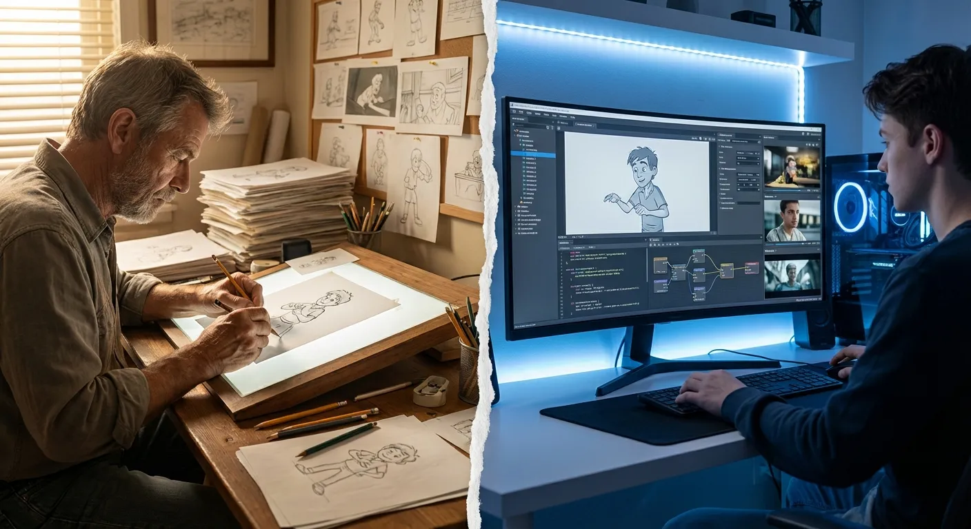 Split screen showing traditional animation desk and modern AI generation interface