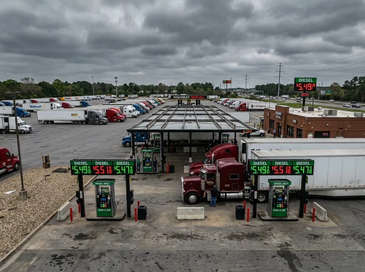 Diesel fuel pumps at a truck stop with prices above five dollars per gallon