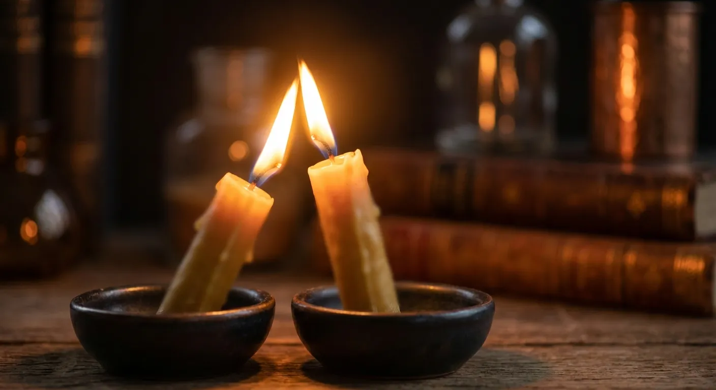 Two candle flames close together with light intermingling symbolizing emotional resonance