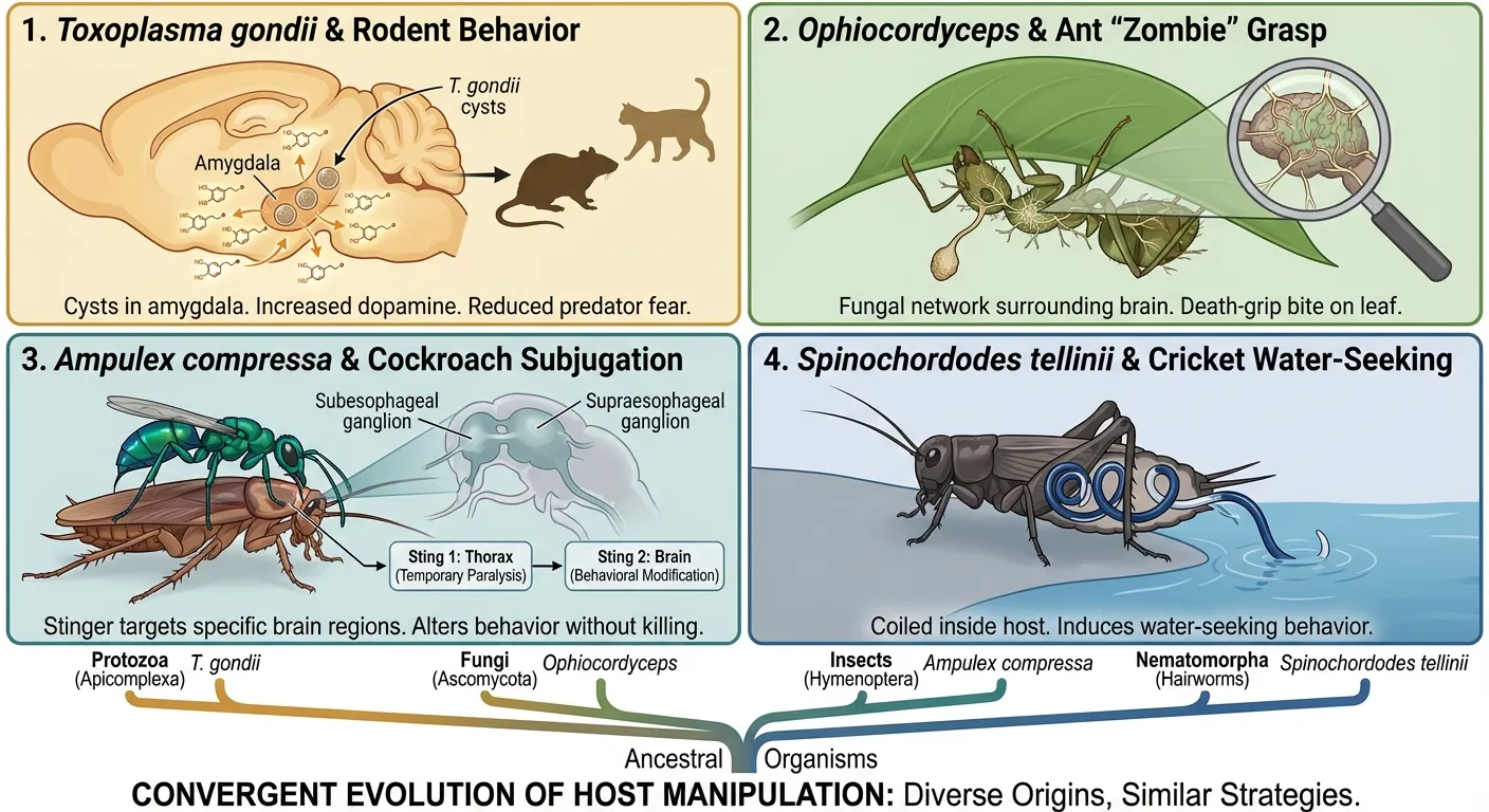 Comparative illustration showing four parasites and their host manipulation strategies side by side