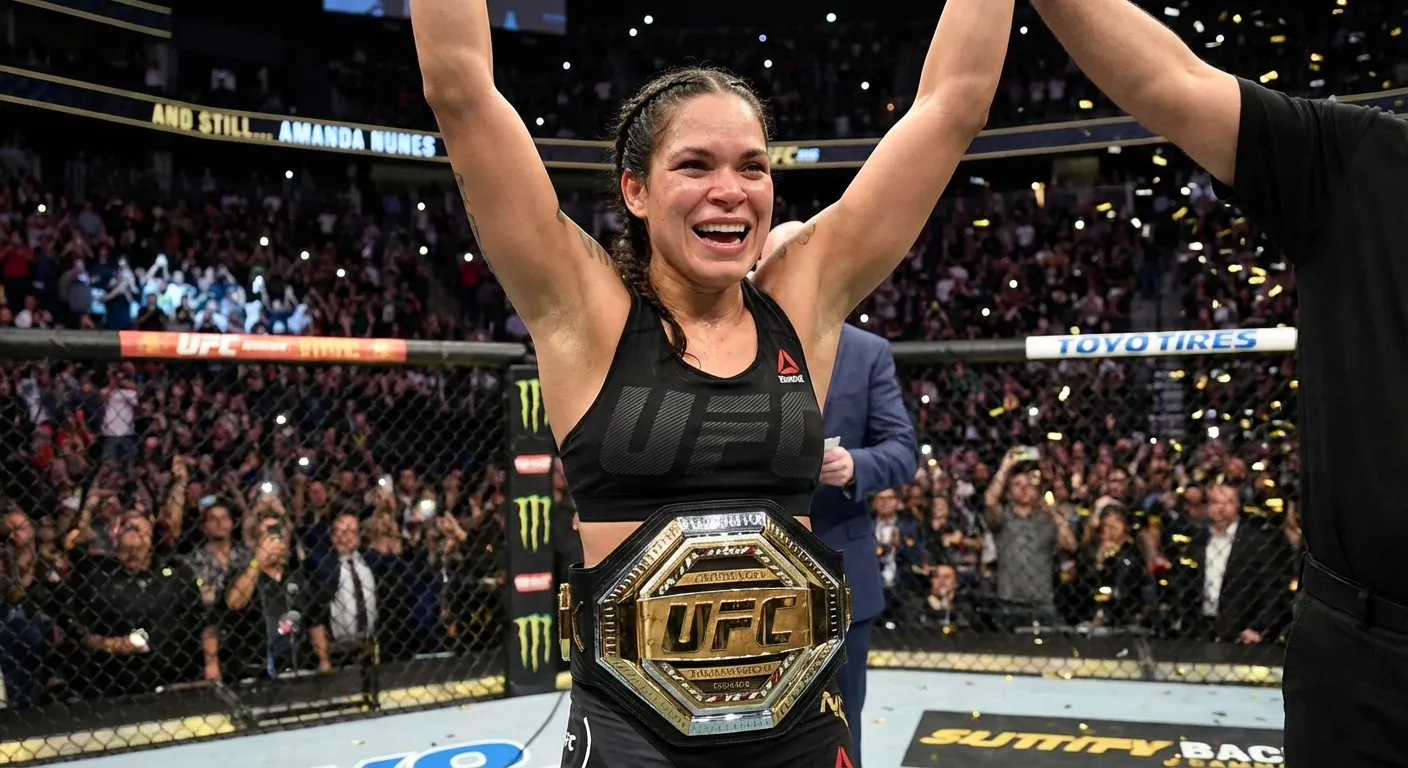 Amanda Nunes celebrating a victory with the UFC bantamweight championship belt