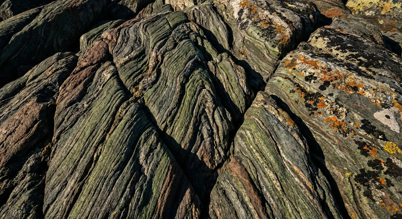 Ancient banded rock formation showing layers from billions of years ago