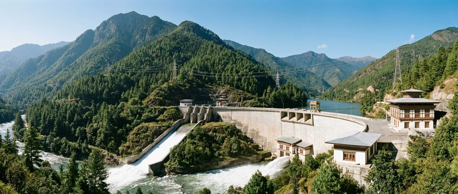 Hydroelectric dam in Bhutan generating clean energy from mountain rivers
