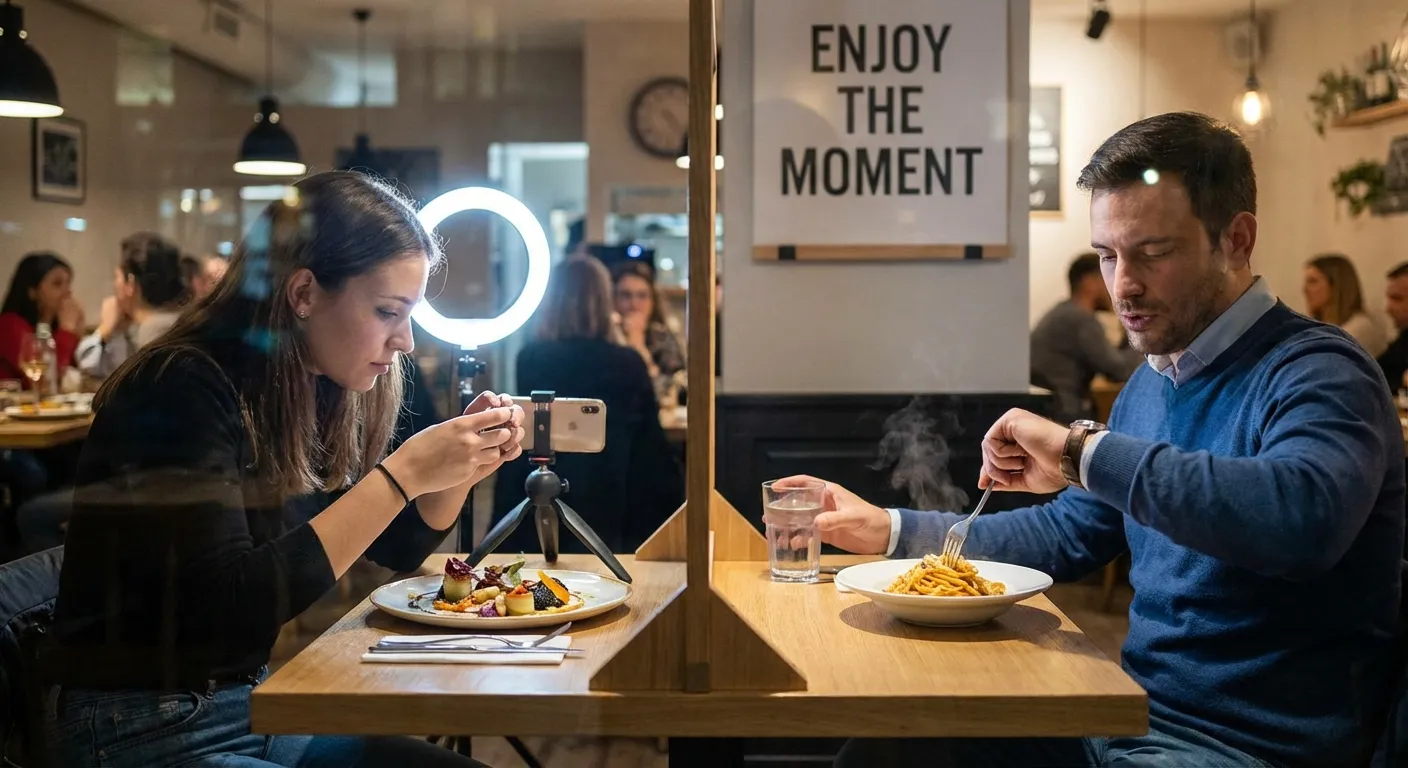 Person photographing food at restaurant while companion waits impatiently, highlighting documentation versus experience