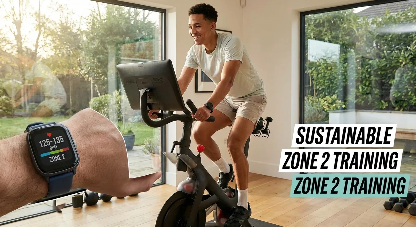 Person cycling on stationary bike with heart rate monitor showing Zone 2 training intensity