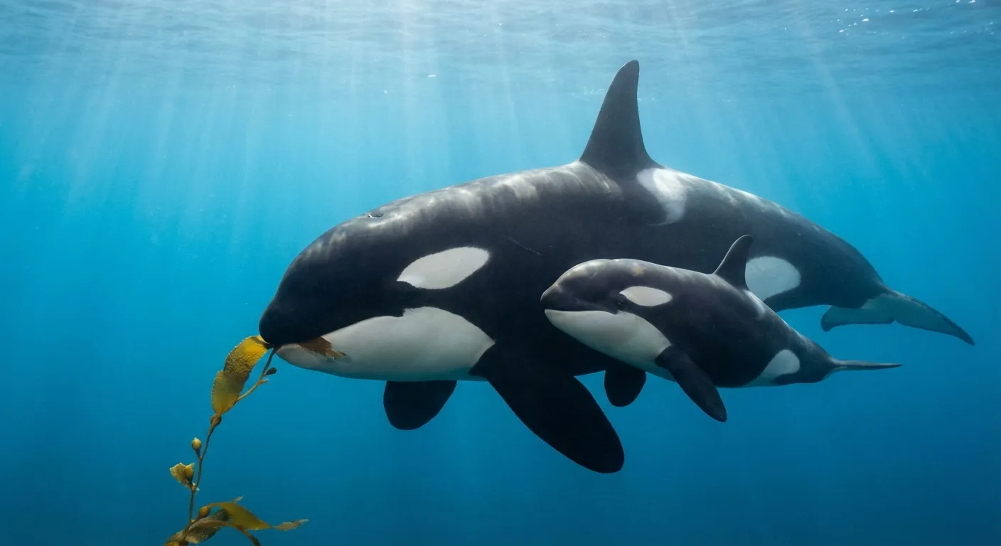 Orca and calf swimming together with mother teaching hunting techniques
