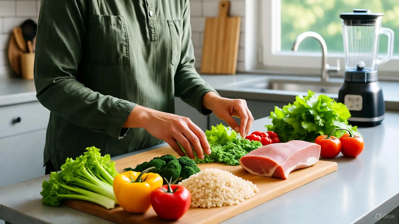 Organized meal prep containers with colorful vegetables, grilled proteins, and whole grains arranged on kitchen counter