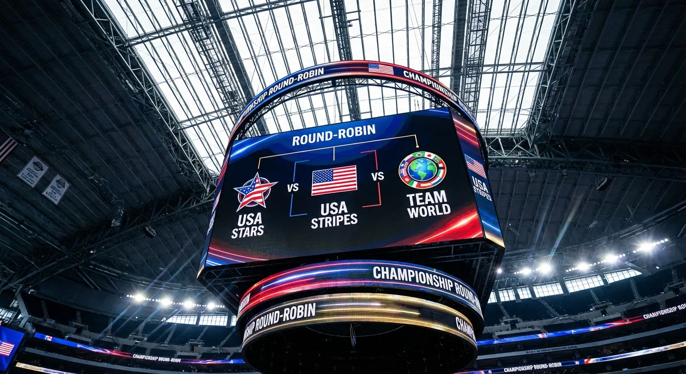 Modern arena scoreboard showing a three-team tournament bracket with national flags