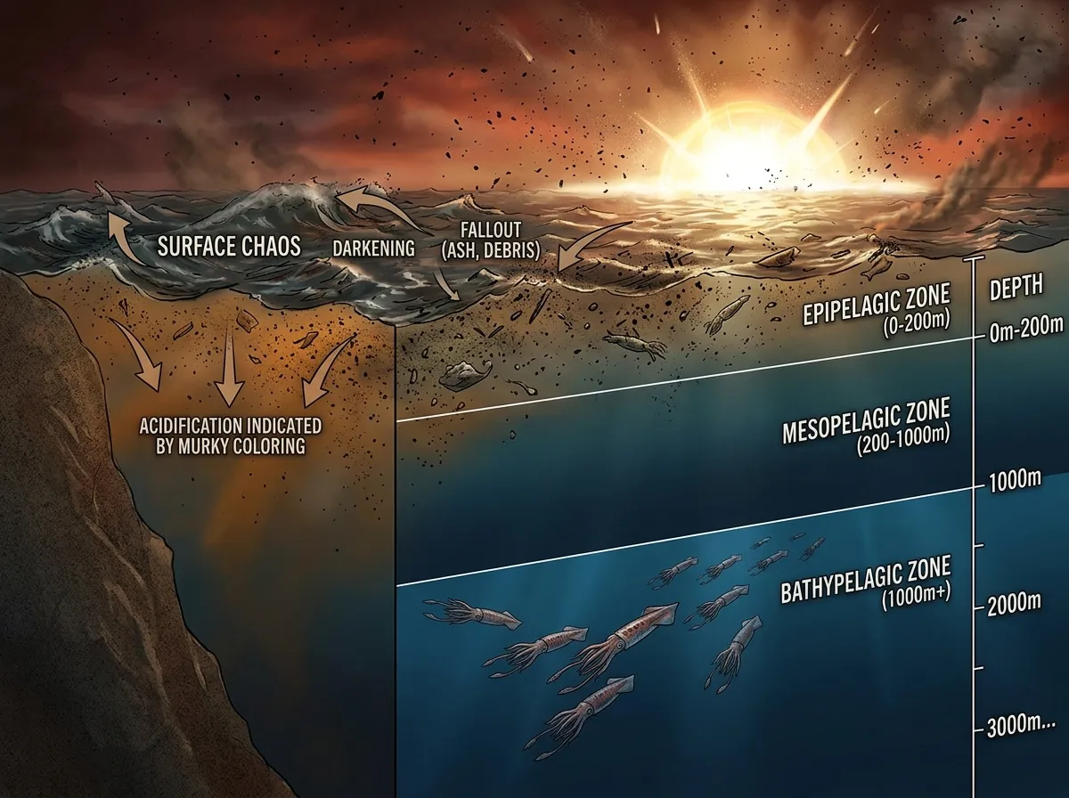 Cross-section illustration of ocean depth zones showing squid ancestors surviving deep while surface extinction occurs