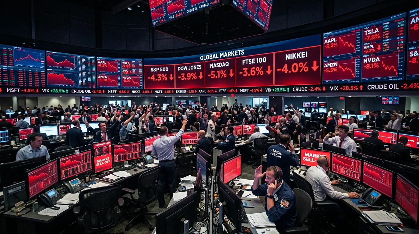 Stock market trading floor screens displaying red numbers and declining charts