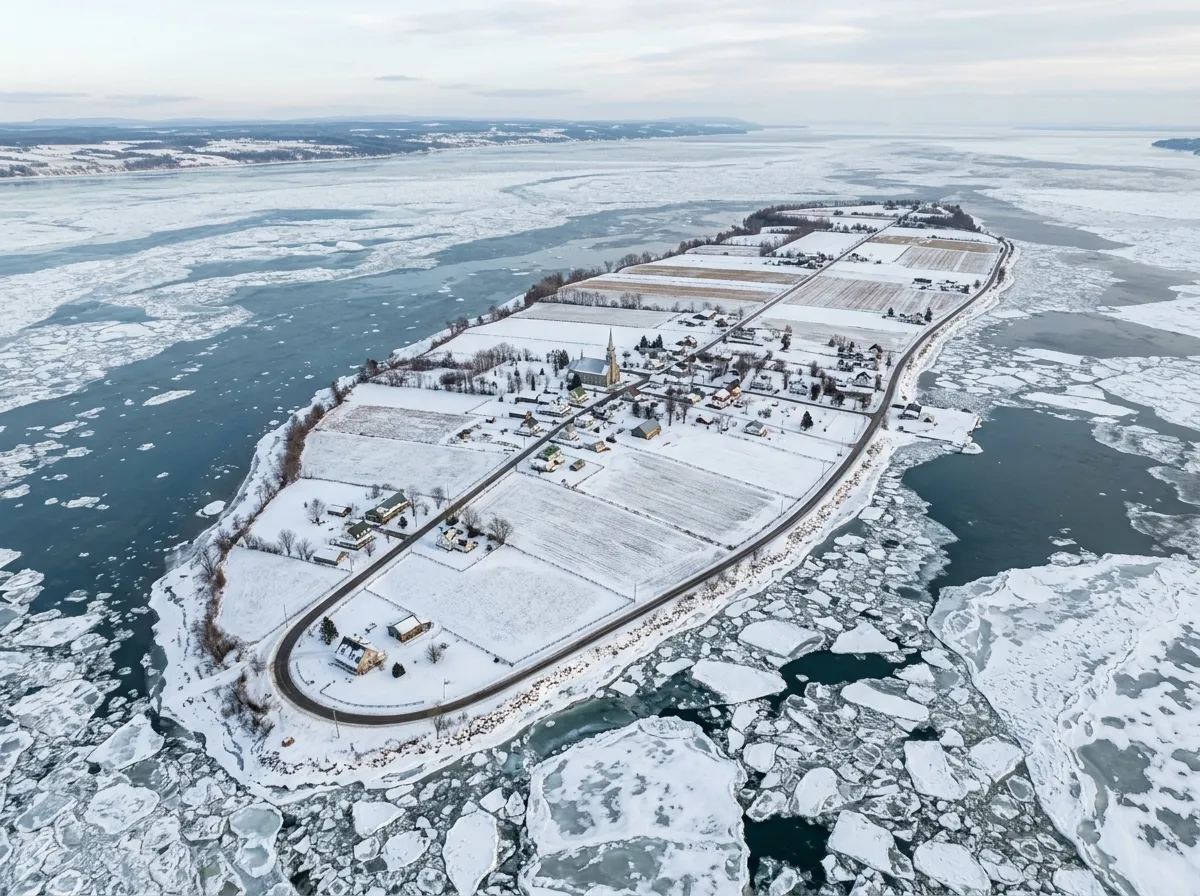 An aerial view of Isle-aux-Grues in the St. Lawrence River surrounded by ice in late winter