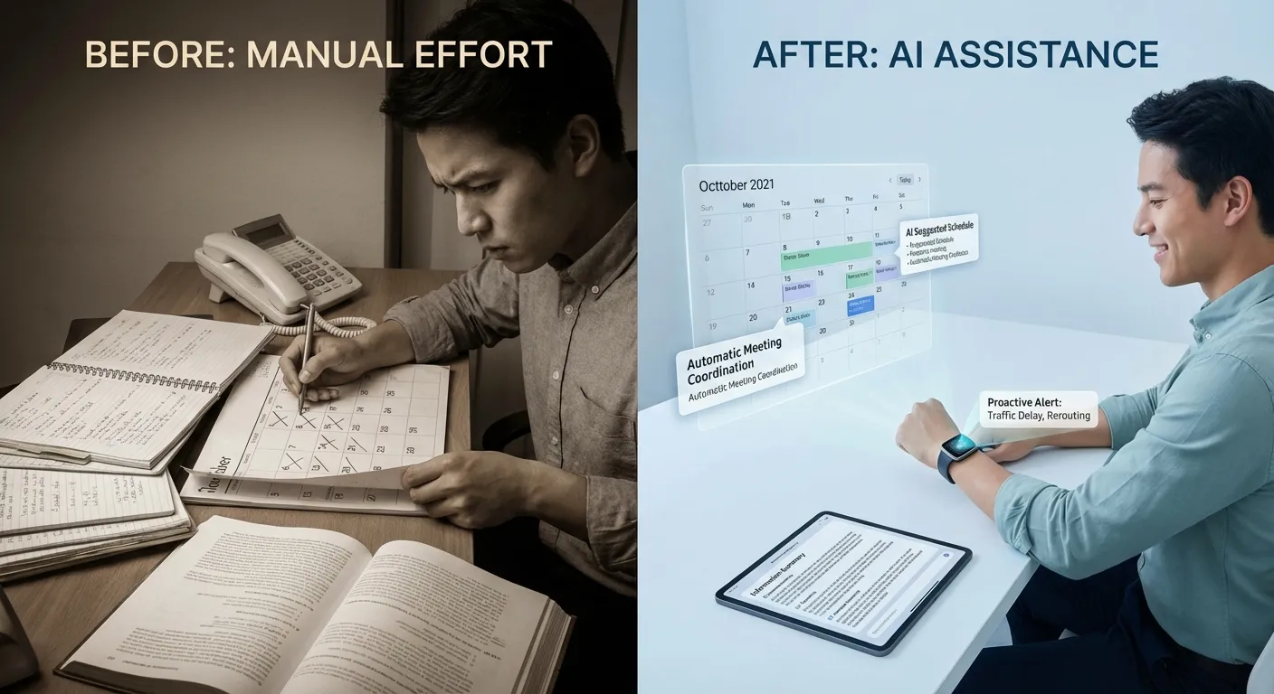 Split screen comparing life with and without personal AI assistant