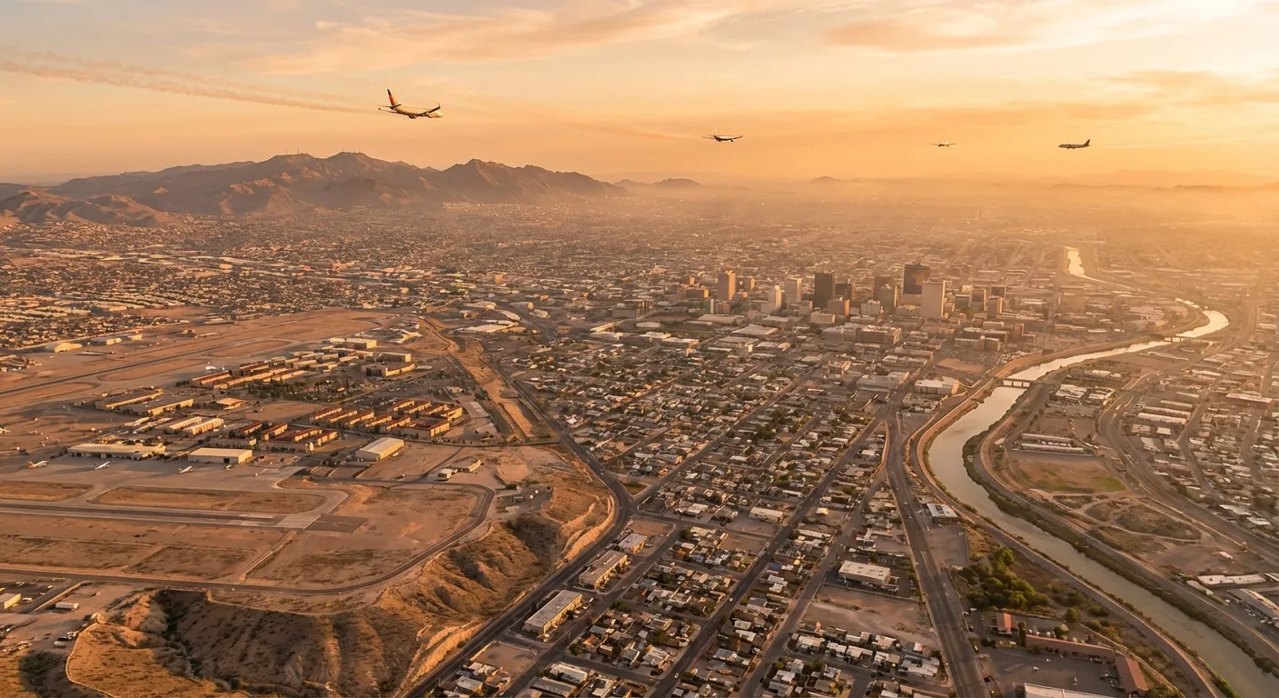 Aerial view of El Paso cityscape with Fort Bliss and the US-Mexico border visible