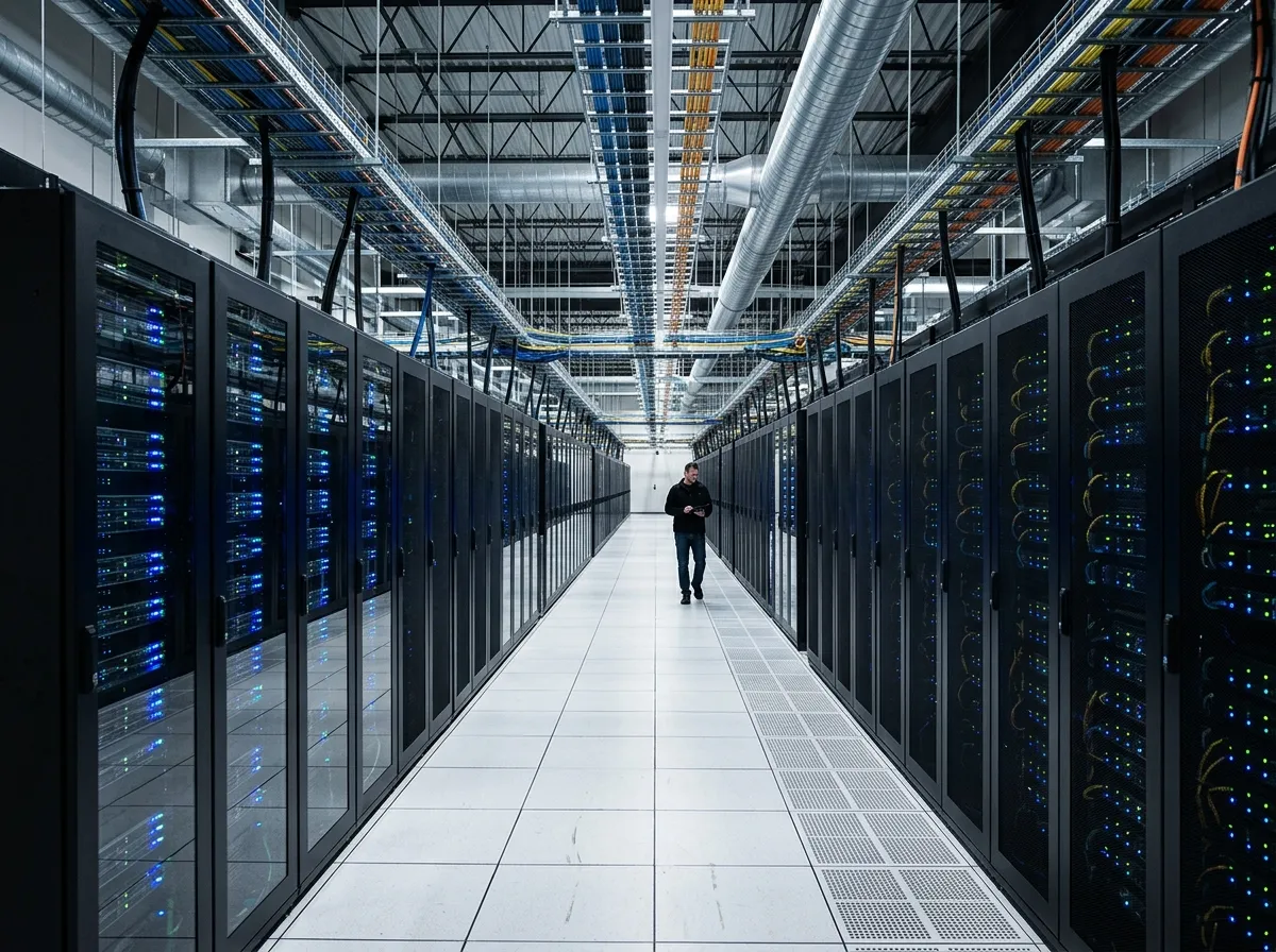 Interior of a modern data center with rows of illuminated server racks stretching into the distance
