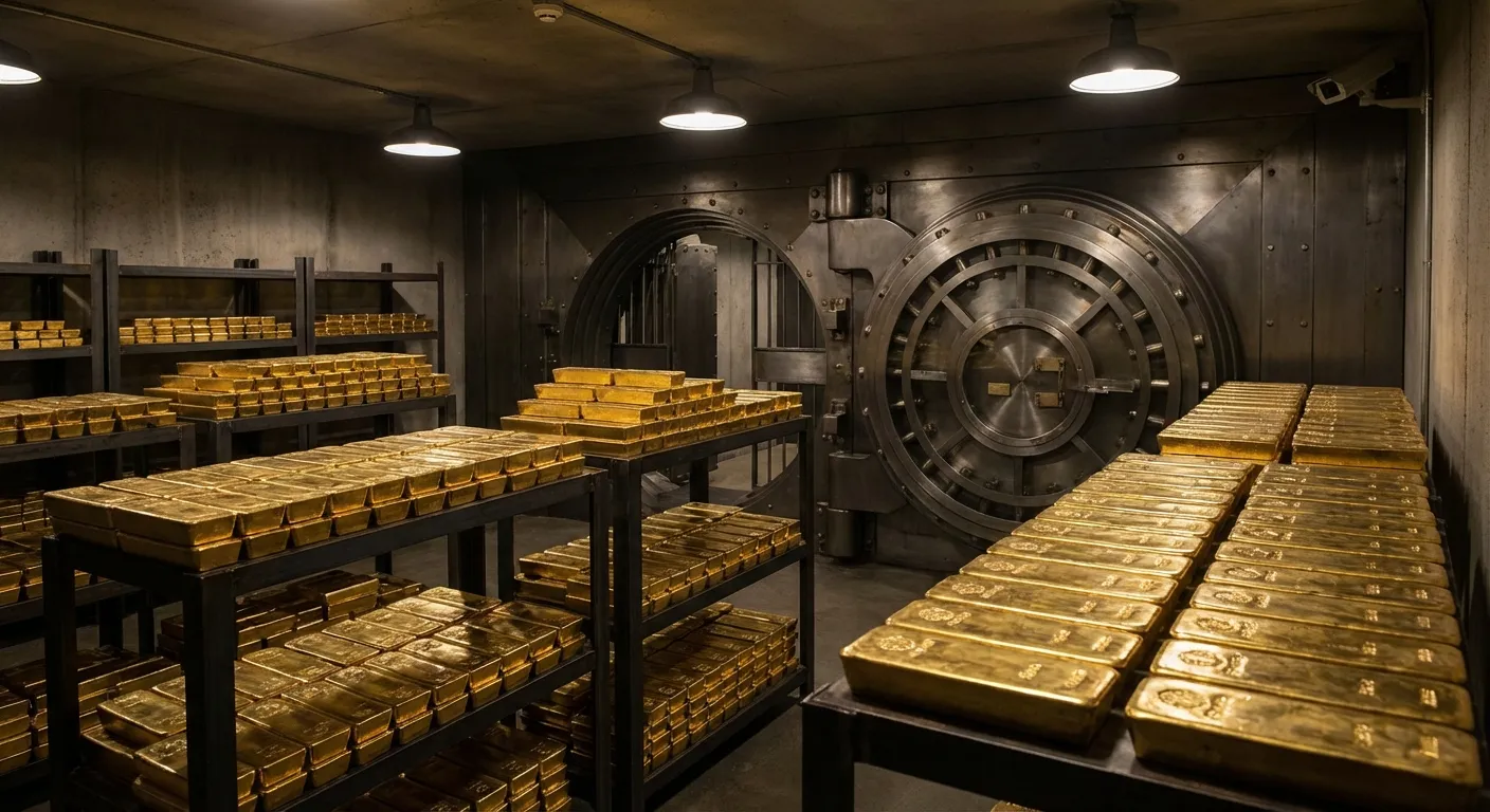 Central bank vault with gold bars stacked on shelves