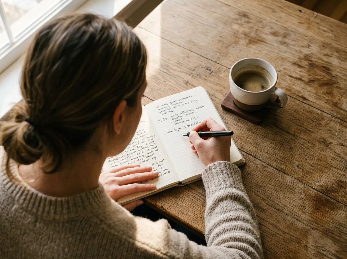 Person writing in a journal with a coffee cup, reflecting on what they need