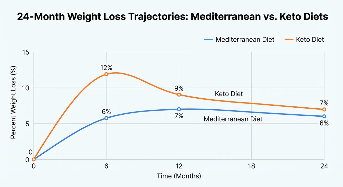 Graph showing weight loss trajectories comparing Mediterranean and keto diets over 24 months