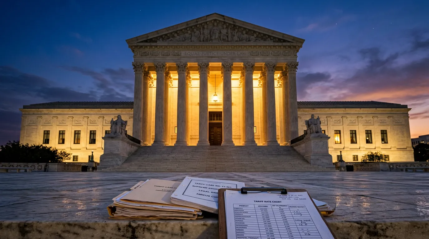 Supreme Court building with trade documents and tariff charts in foreground