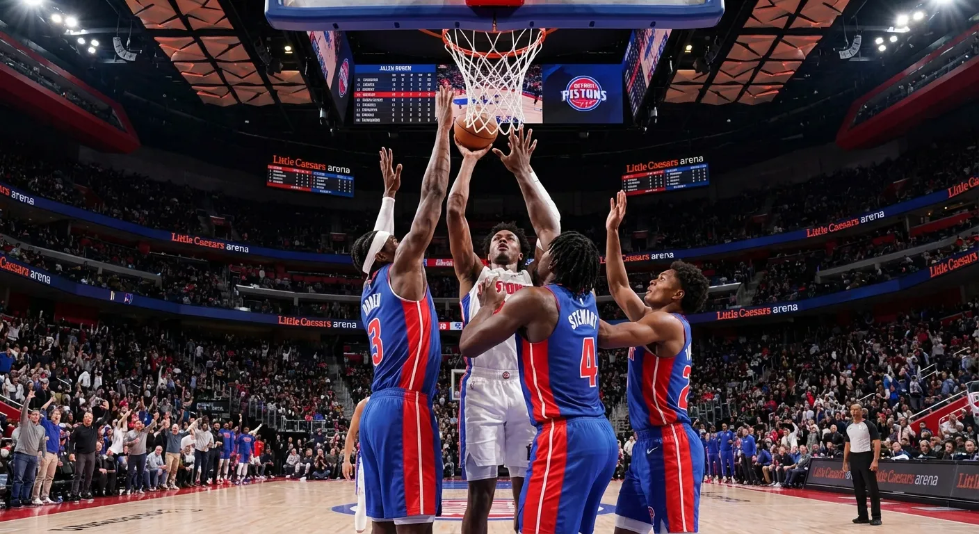 Pistons defenders contesting a shot at the rim