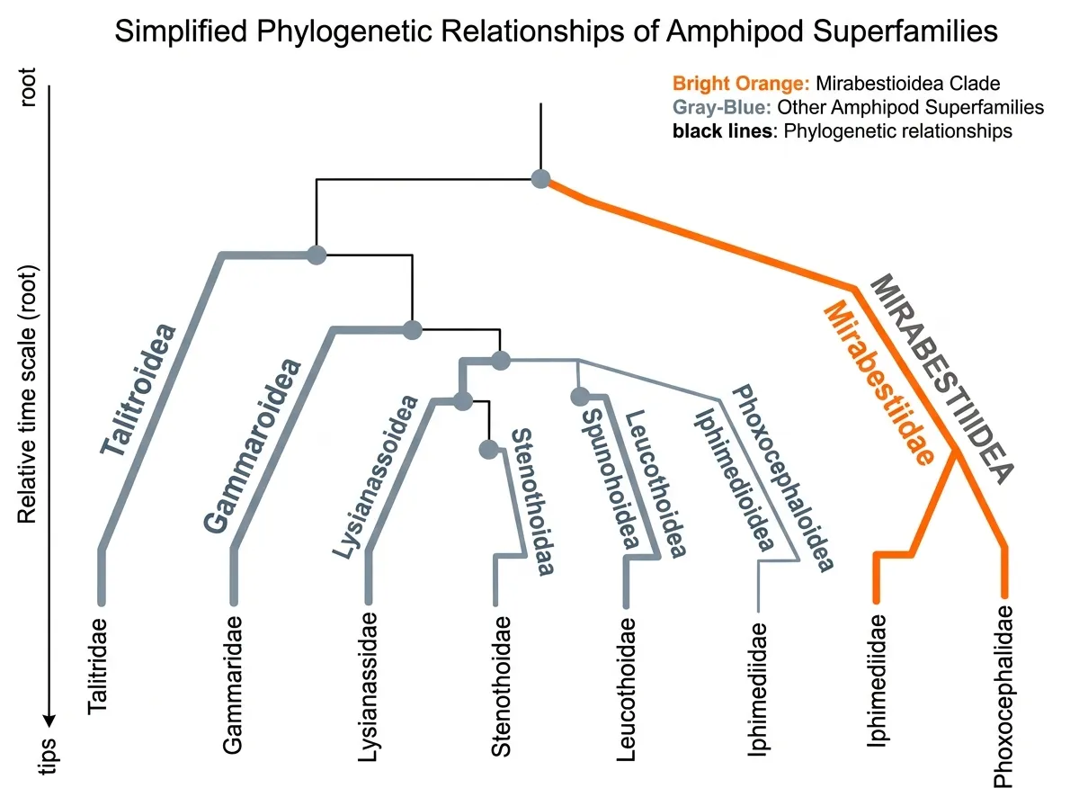 Scientific diagram showing the taxonomic tree of amphipod families with the new branch highlighted