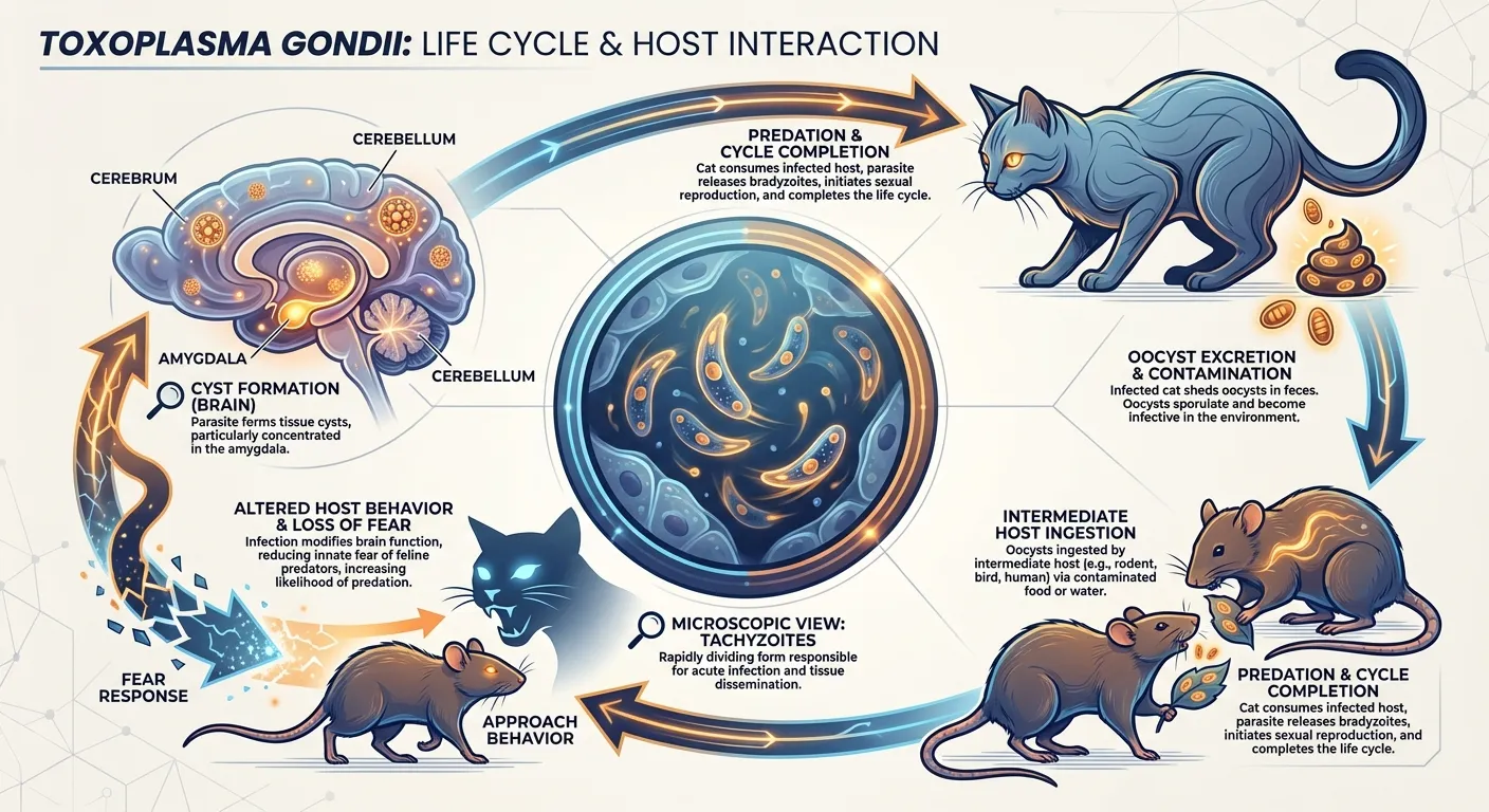 Diagram showing Toxoplasma gondii life cycle between cats, rodents, and the parasite's brain manipulation