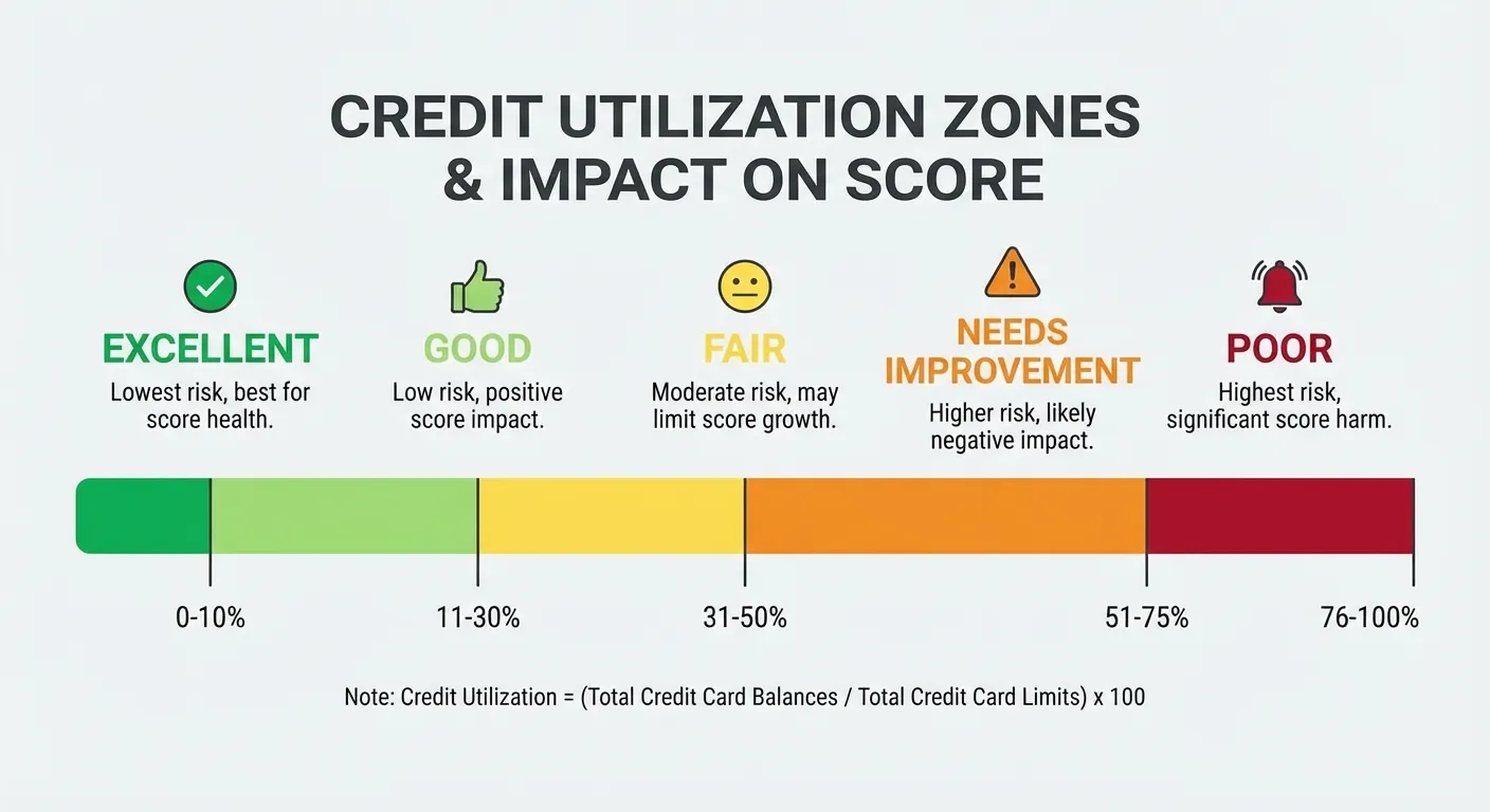 Credit utilization chart showing optimal percentages for credit scores