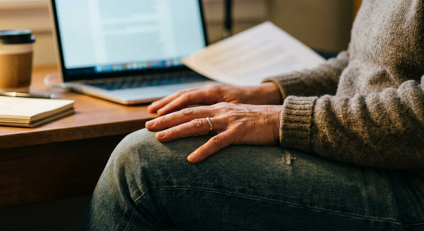 Close-up of person's hands resting on their knees during a brief breathing pause at a desk