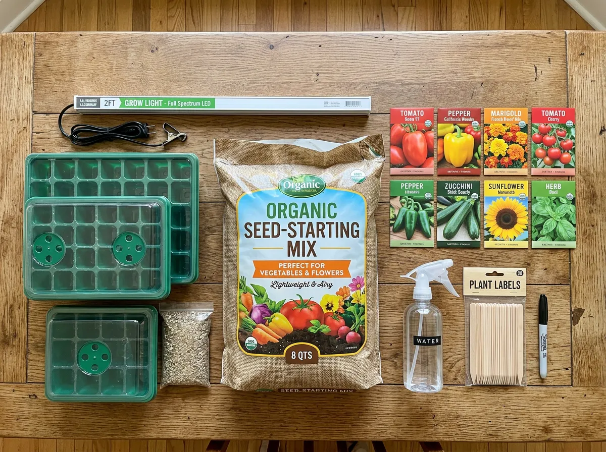Seed starting supplies laid out including trays, soil mix, seeds, and LED lights