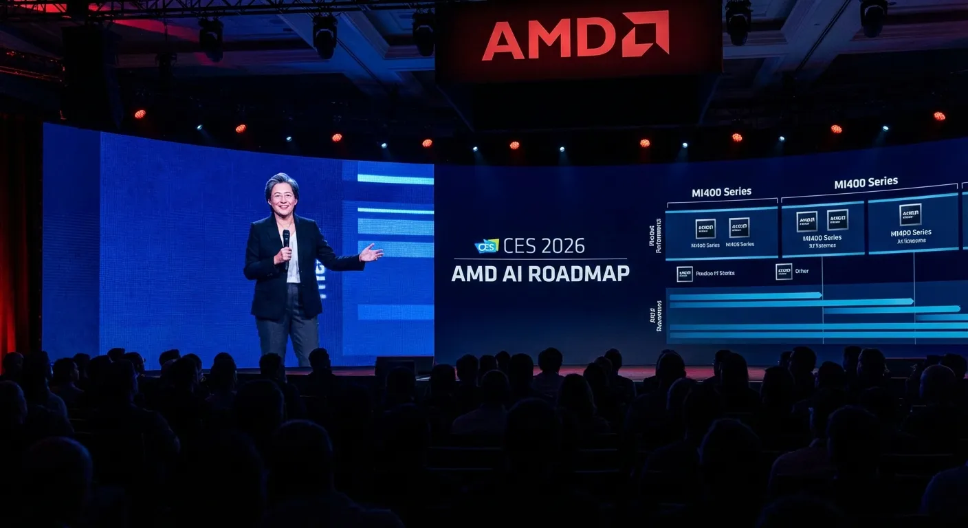 AMD CEO Lisa Su presenting at CES 2026 keynote with AI graphics behind her