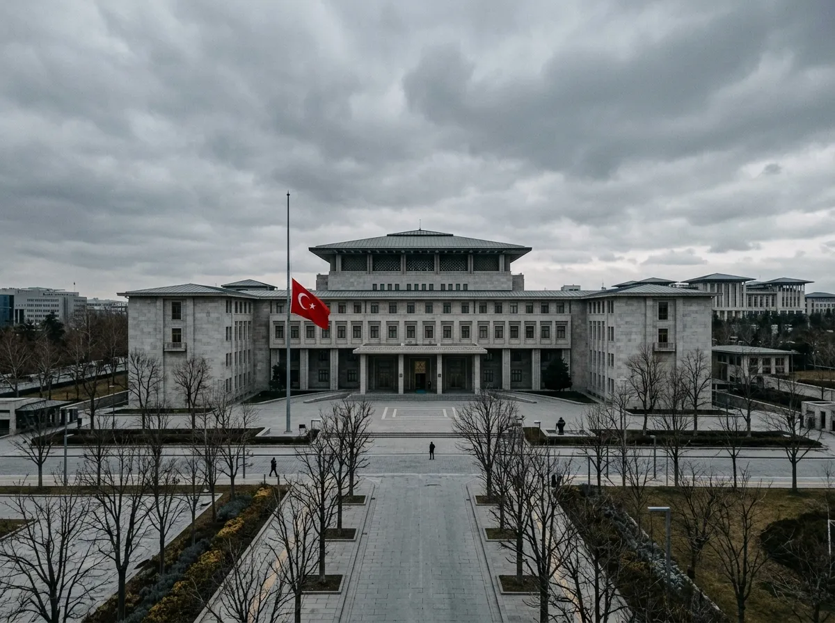 Turkish Parliament building in Ankara with flag at half-staff against overcast sky