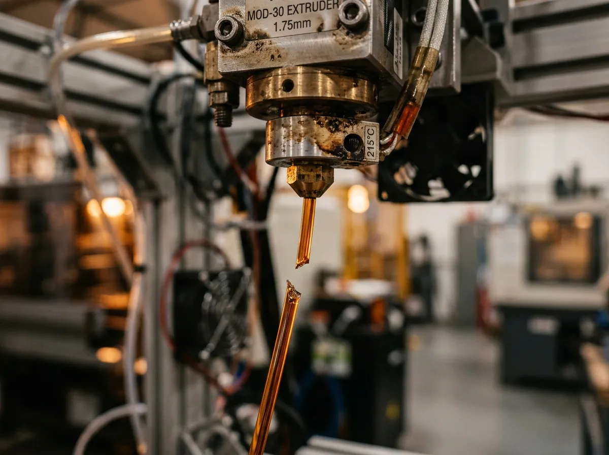 Industrial 3D printer extruding a thin viscous filament that is beginning to fracture mid-extrusion