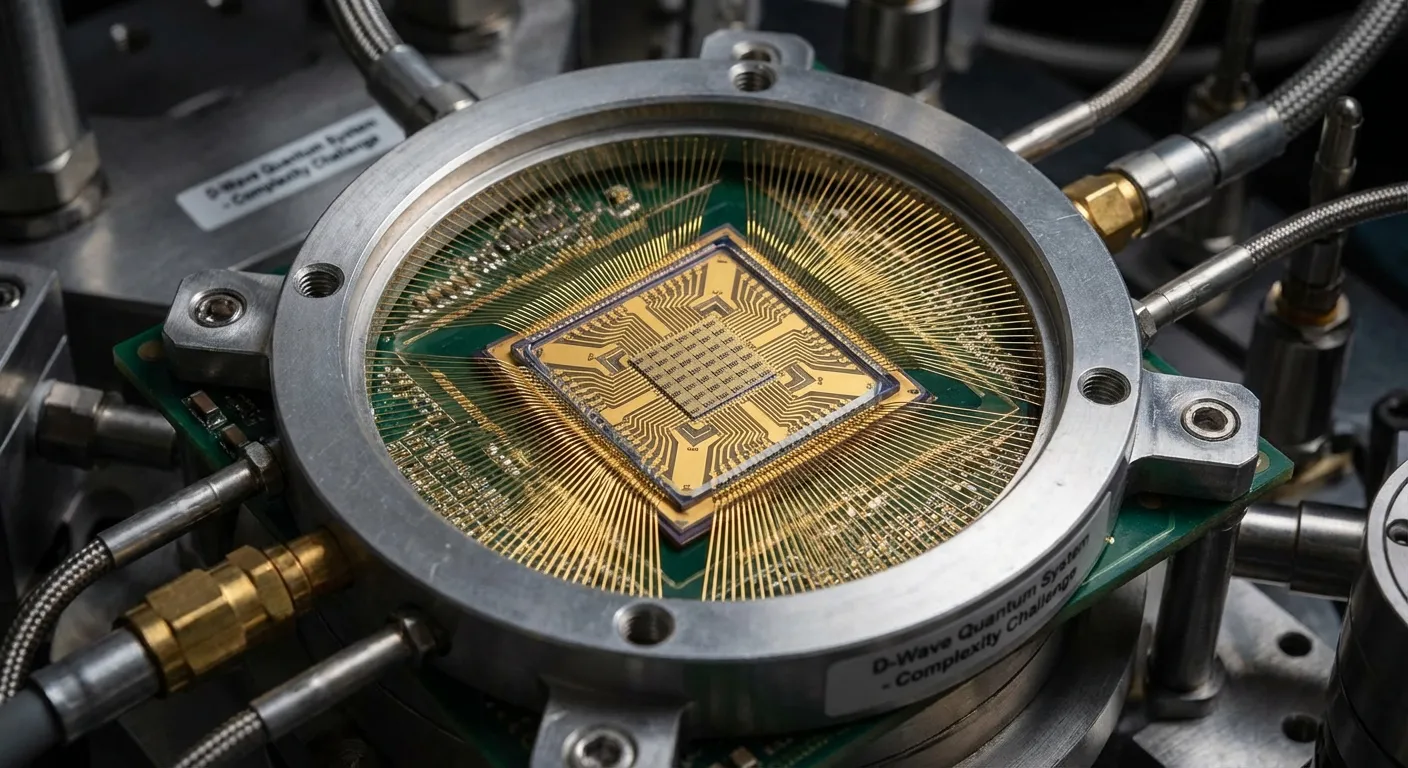 Close-up photograph of a quantum processor chip with intricate gold wiring patterns