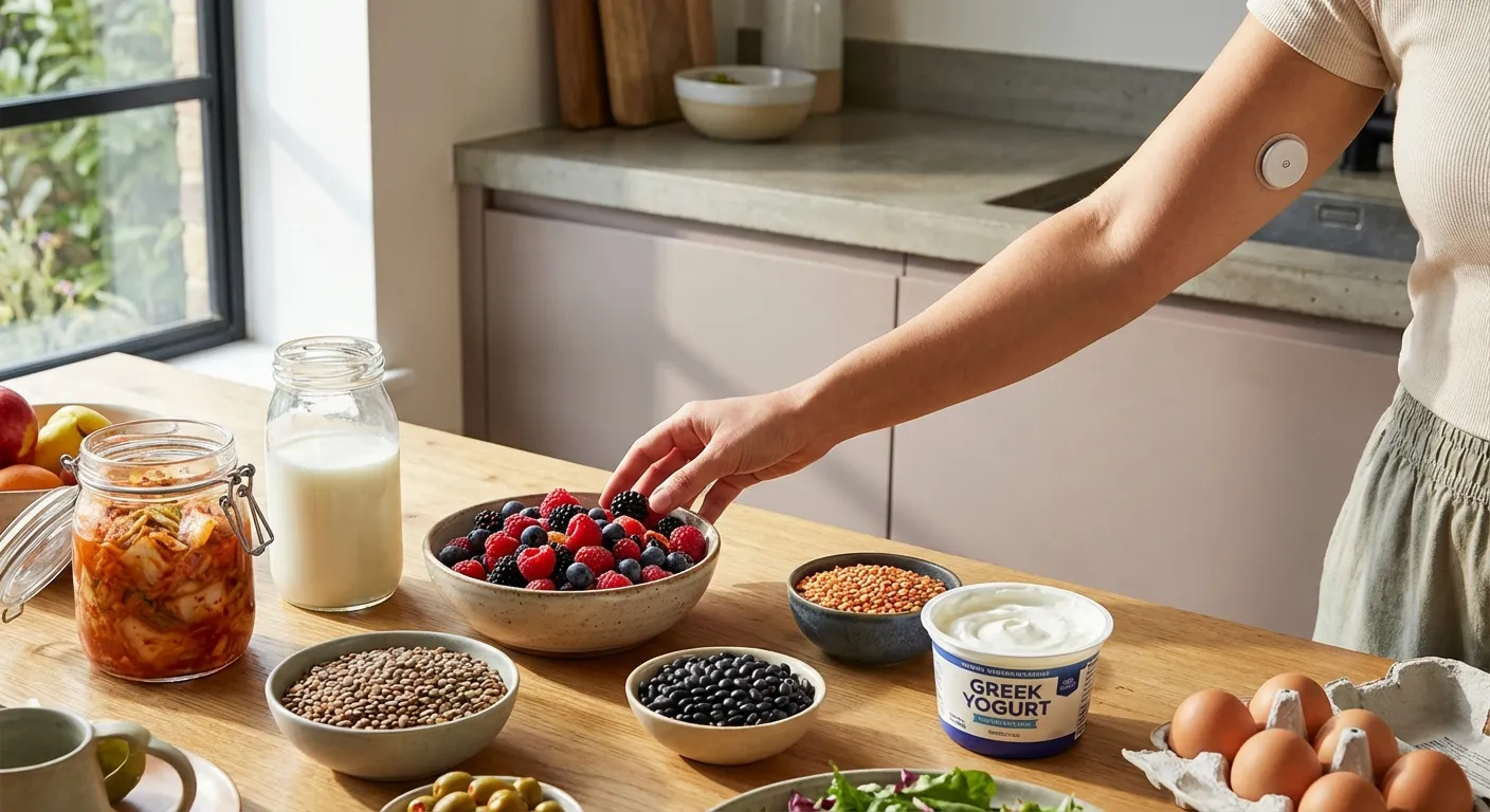 Colorful array of nutrient-dense foods including berries, legumes, fermented foods, and protein sources arranged on a modern kitchen counter