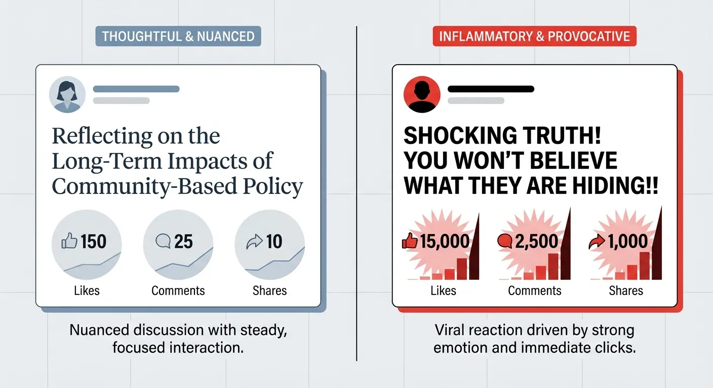 Split screen showing calm content with low engagement versus provocative content with high engagement metrics