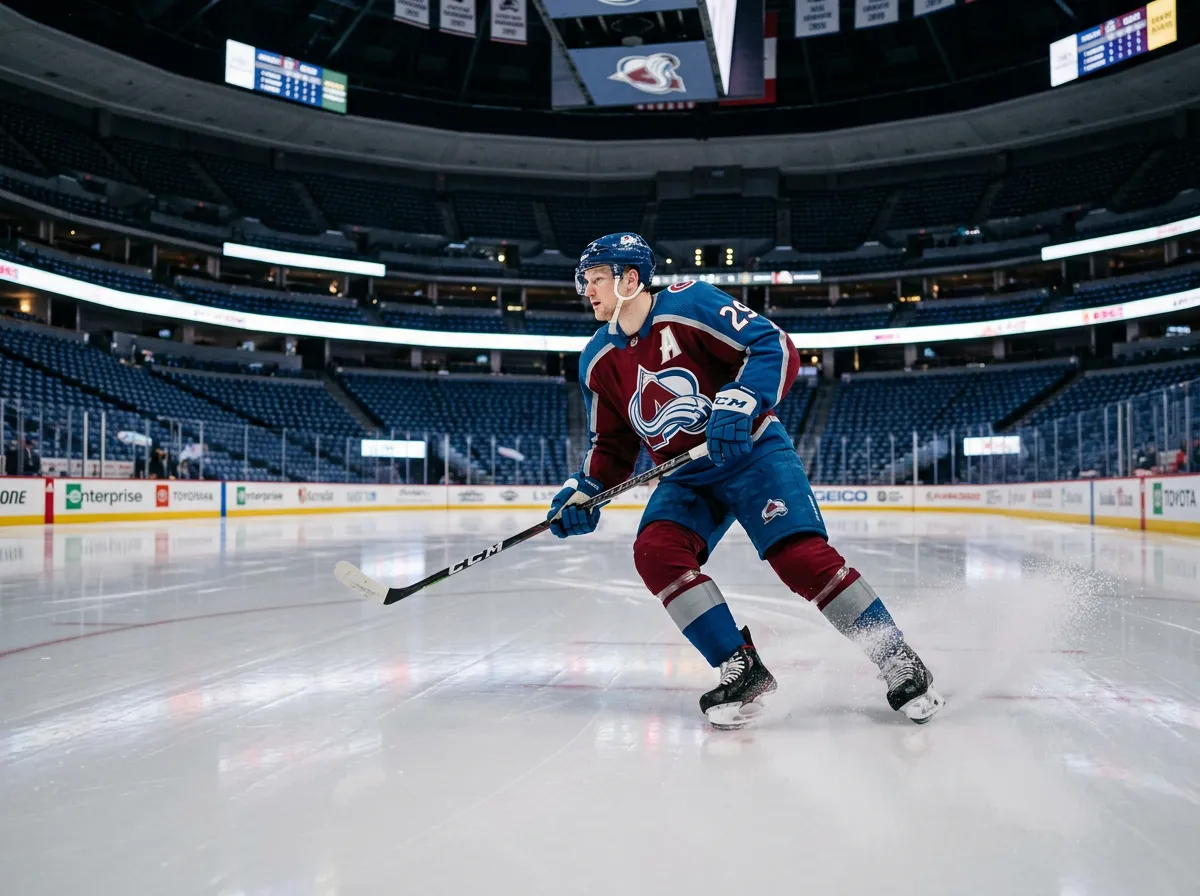 Hockey player skating during warm-ups wearing an Avalanche burgundy jersey