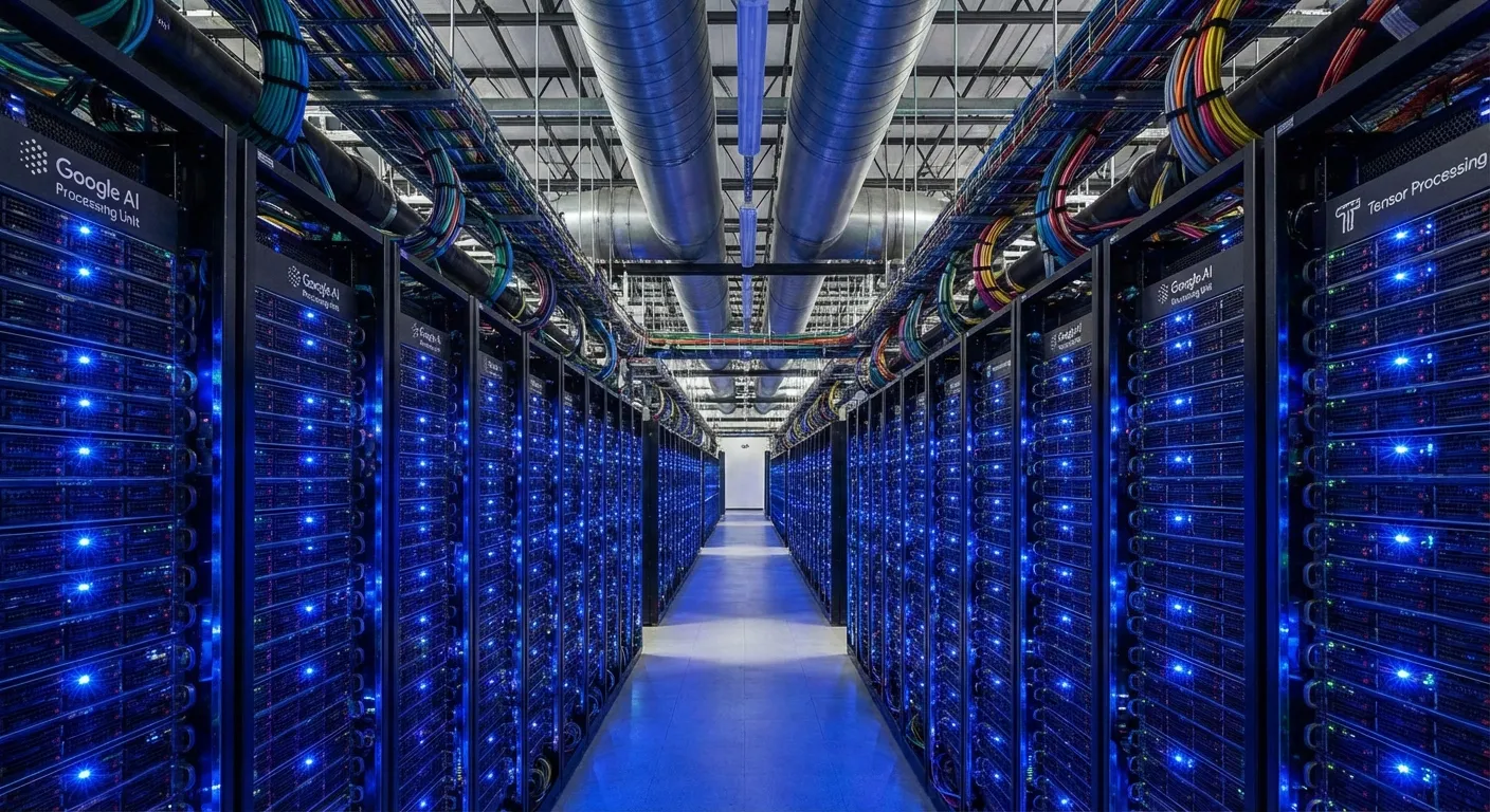 Google data center with rows of servers processing AI workloads