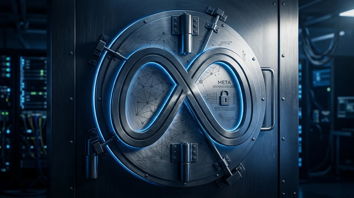 Meta AI logo glowing on a dark corporate wall with closed padlock imagery