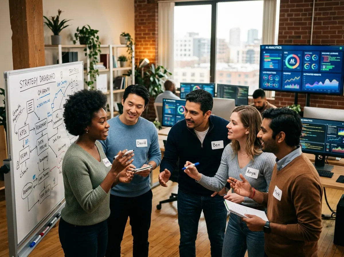 Workers in a modern office collaborating around a whiteboard with AI dashboards nearby