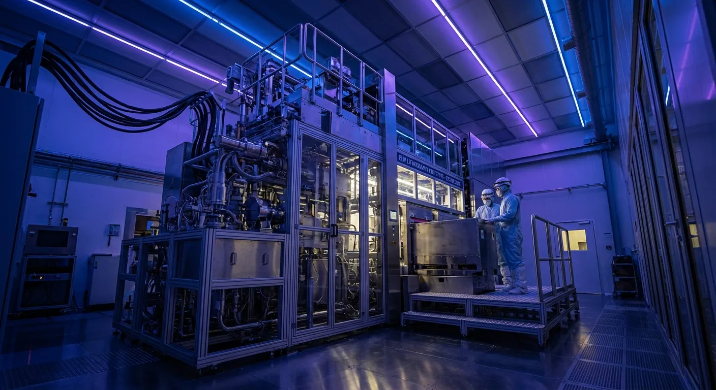 Extreme ultraviolet lithography machine in semiconductor fabrication facility with blue and purple lighting