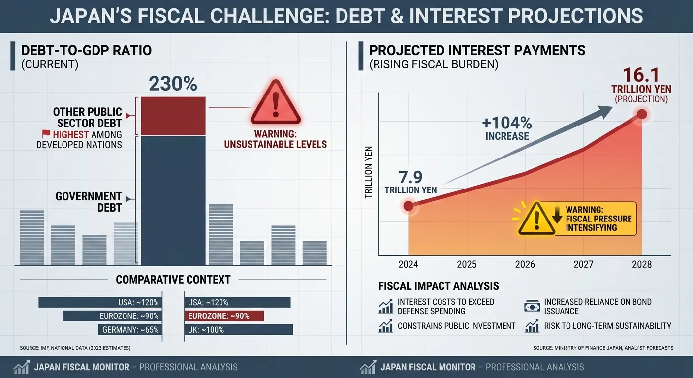 Infographic showing Japan's debt burden and projected interest payment increases