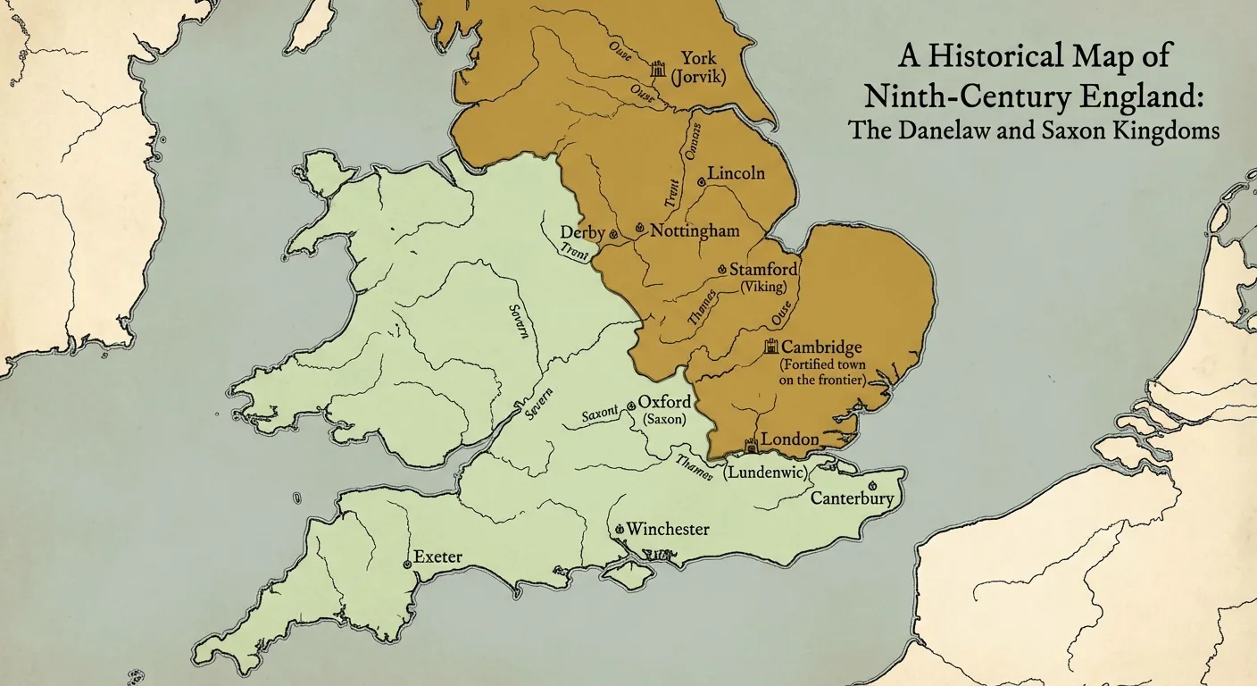 Map showing ninth-century England with Danelaw border and Cambridge location highlighted