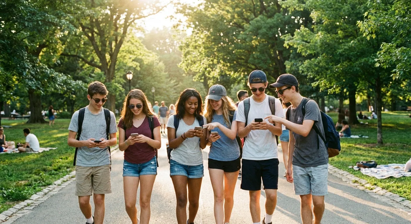 Teenagers playing Pokemon Go outside in a park on a summer day