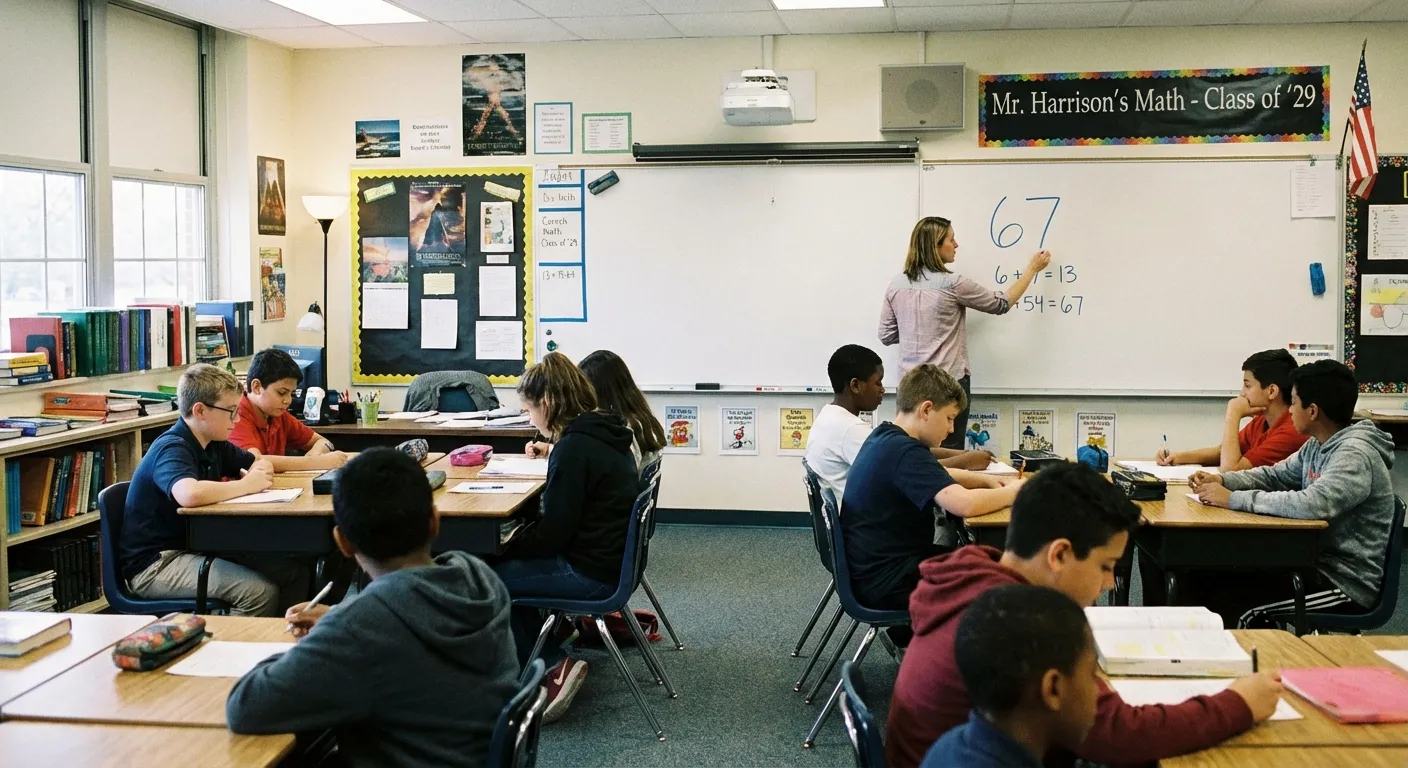 Frustrated teacher at whiteboard with 67 crossed out in red marker