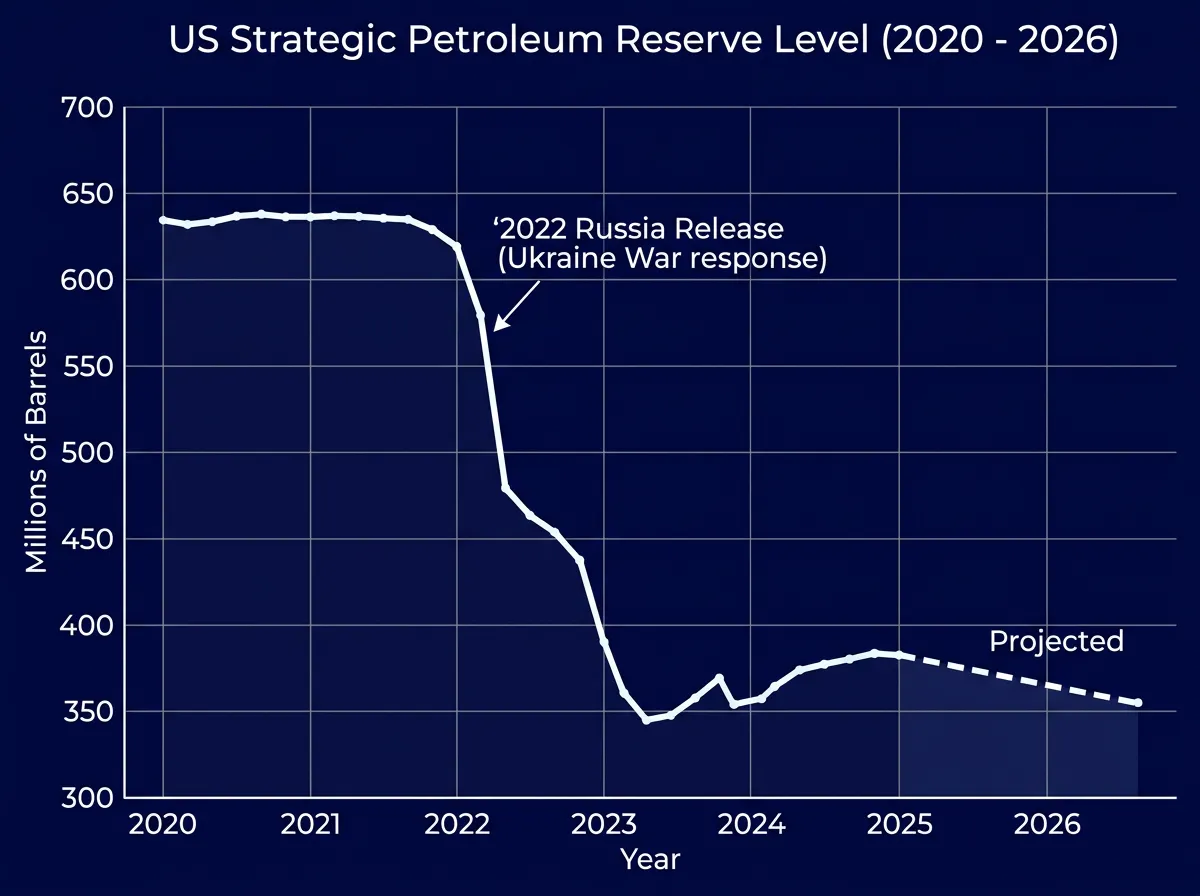 Line chart showing US Strategic Petroleum Reserve declining from 2020 to 2026