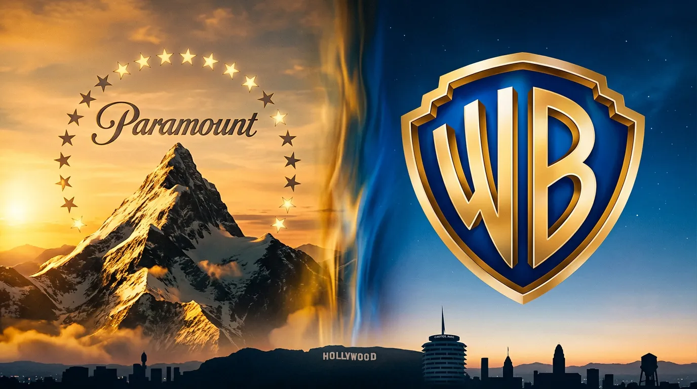 Split-screen of Paramount mountain logo and Warner Bros shield logo merging together