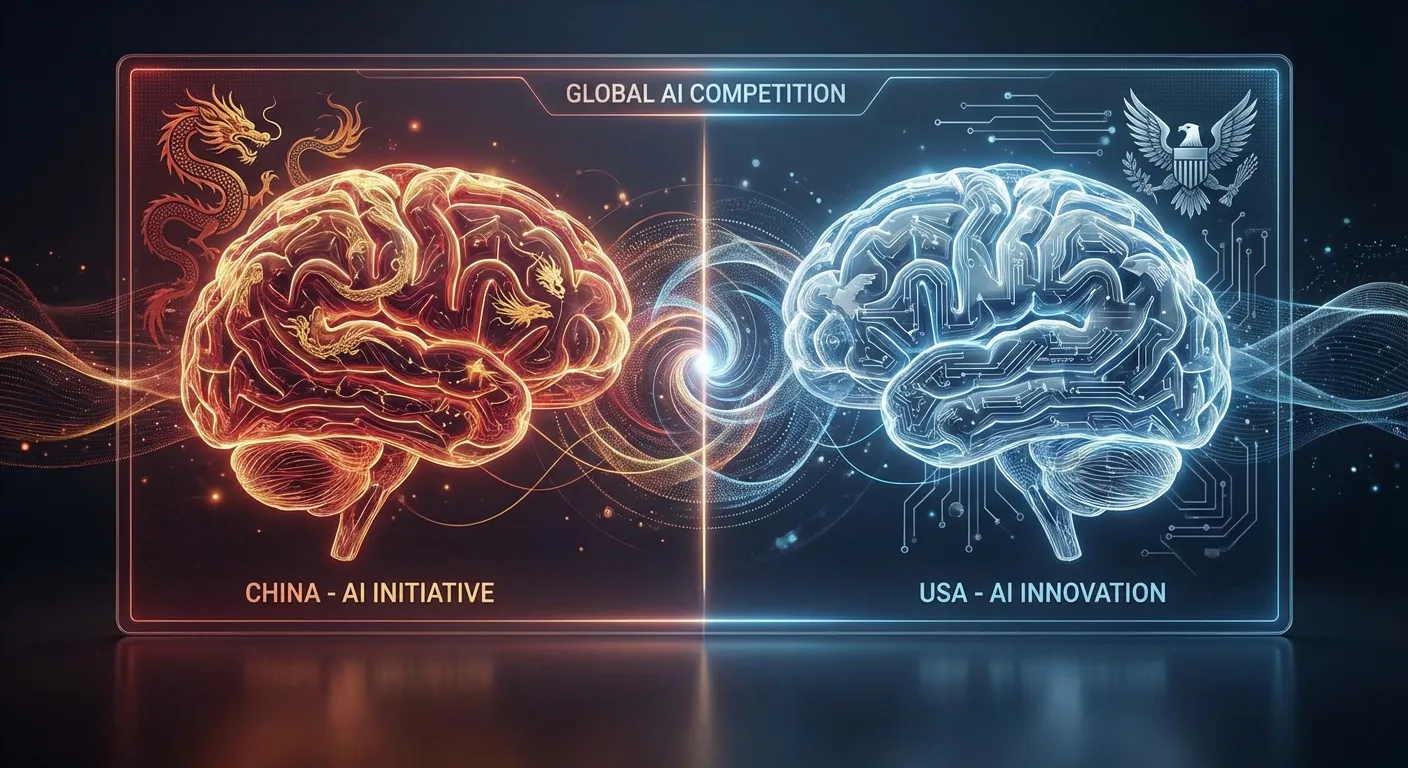 Abstract visualization of competing AI systems from US and China